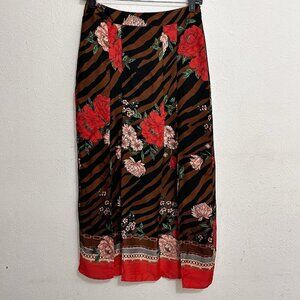 Floral Zebra Print Skirt - Red and Brown